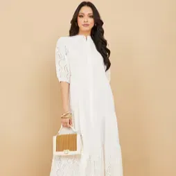 Three-Fourth-Sleeve-Schiffli-Shirt-Midi-Dress