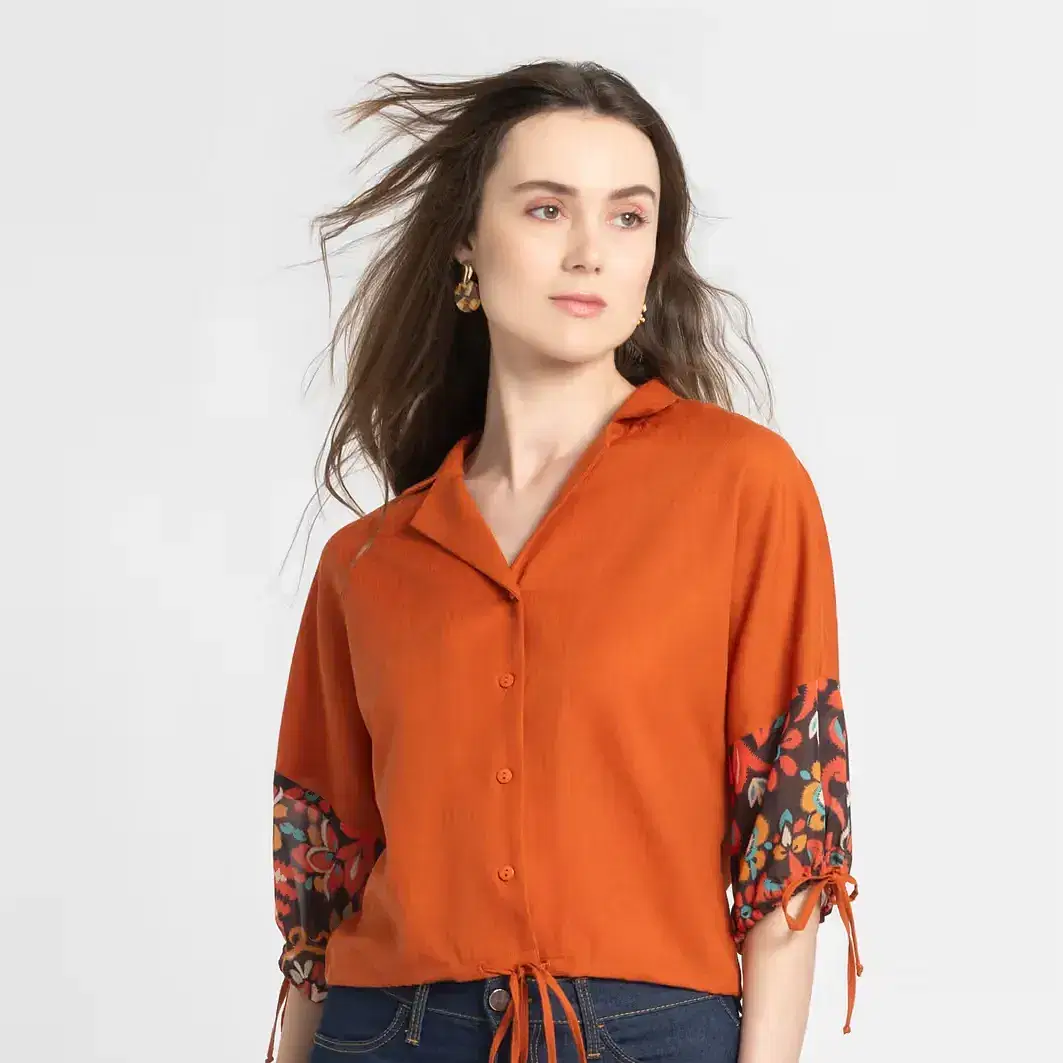 Women-Rust-Solid-Three-Quarter-Sleeves-Casual-Top