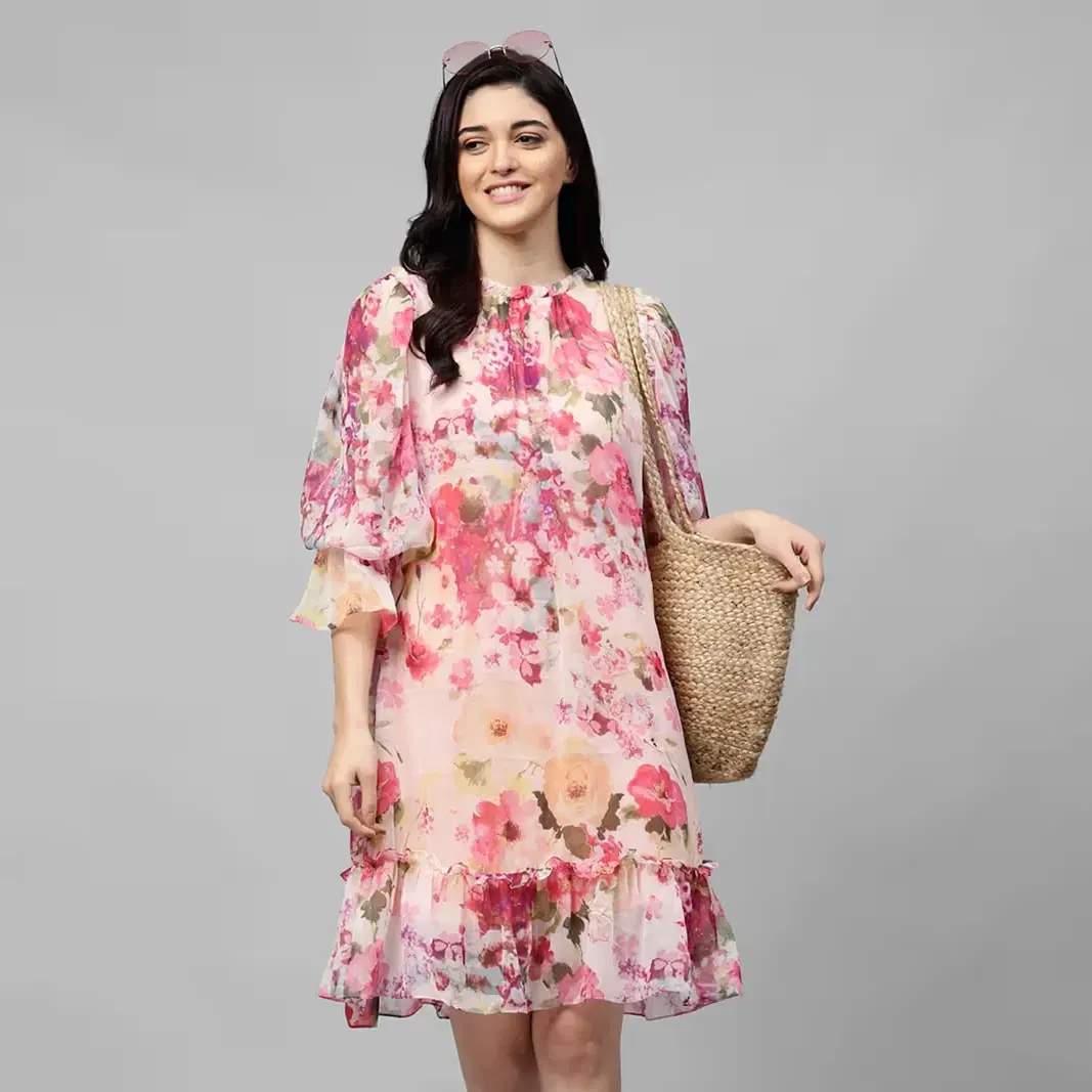 Women-Pink-Floral-Printed-A-Line-Dress