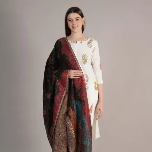 Womens-Fine-Soft-Ethnic-Woven-Wool-Reversible-Shawl-Black